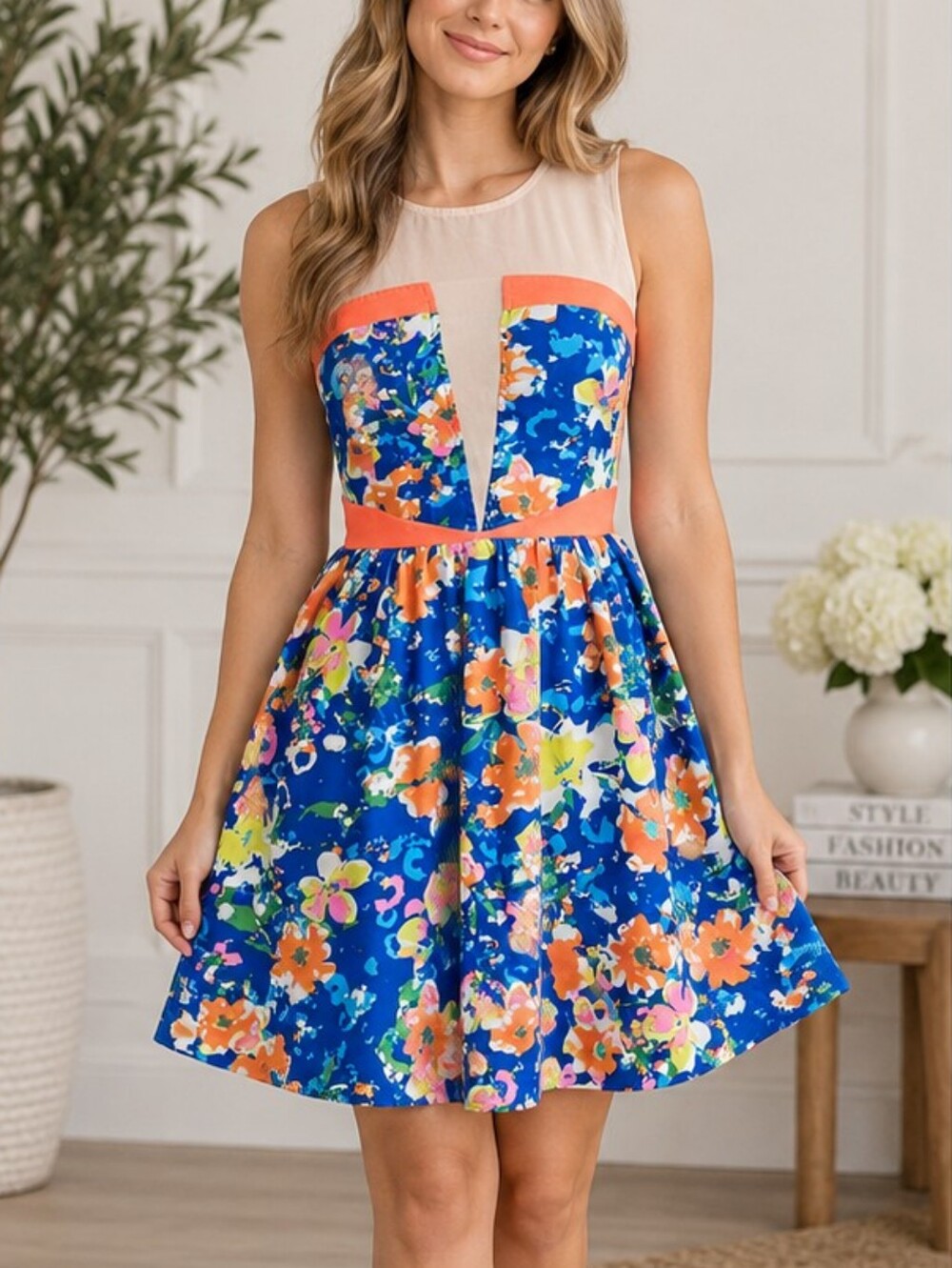 Charlotte Russe Blue Floral Mini Dress with Coral Accents Size Small